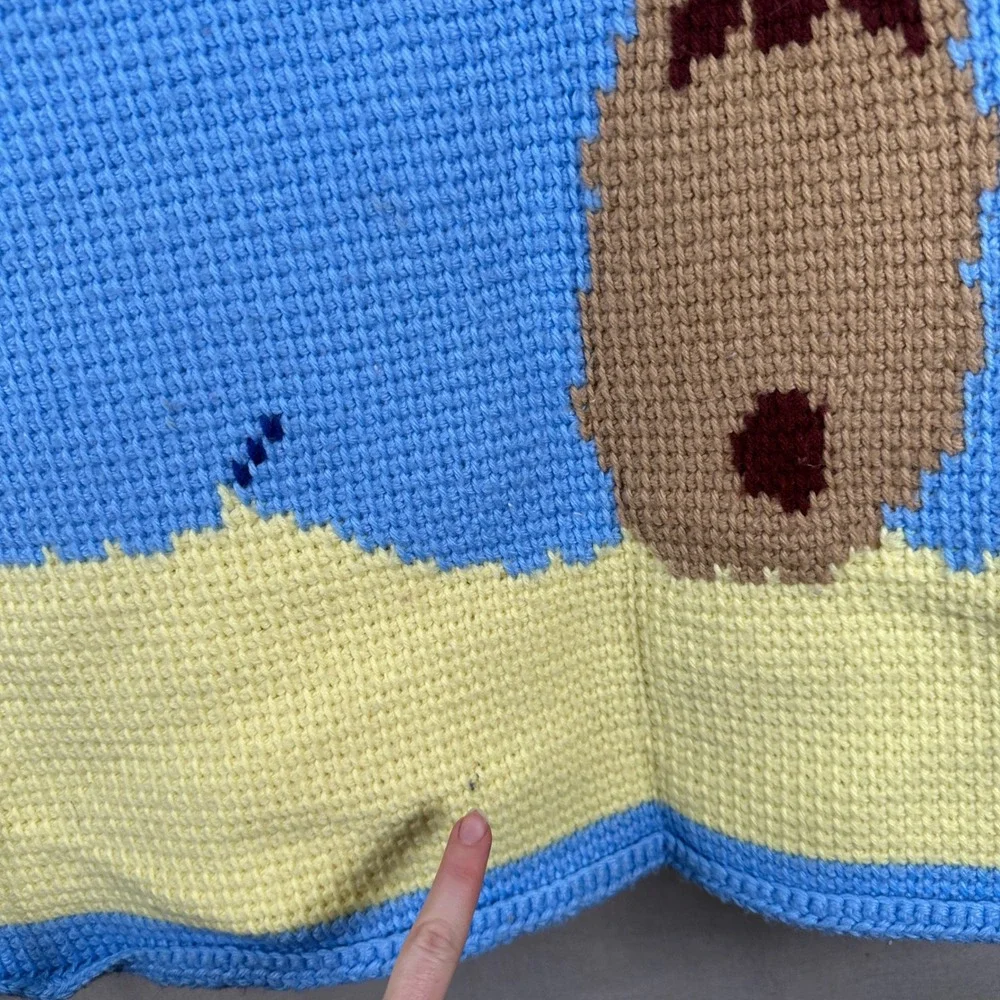 Vintage Handmade Crochet Teddy Bear Baby Blanket Yellow Blue‎ 44x48 knit nursery